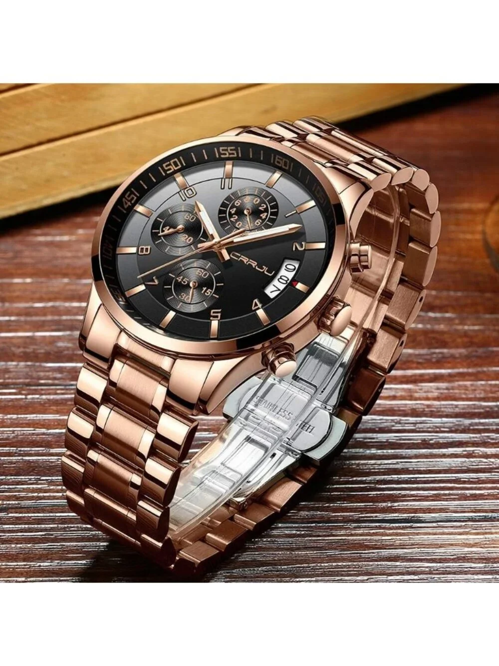 Men's Rose Gold Black Analog Stainless Steel Waterproof Chronograph Wrist Watch